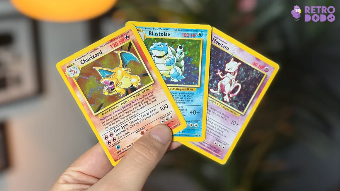 90s pokemon cards - Charizard, Blastoise, and Mewtwo shiny cards