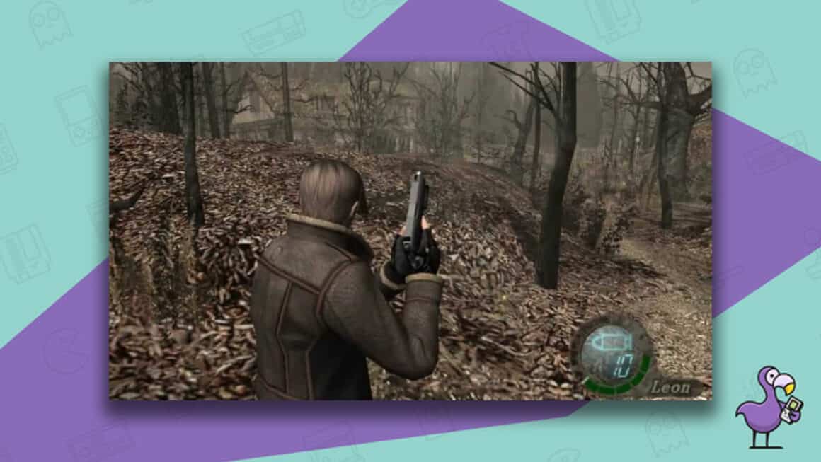 Resident Evil 2 gameplay - over the shoulder view of the woods, with Leon holding a gun