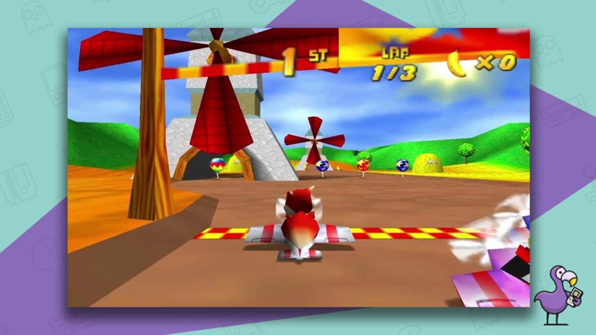 Diddy Kong Racing gameplay - Conker at the start line in a plane waiting to take off. There is a windmill nearby.