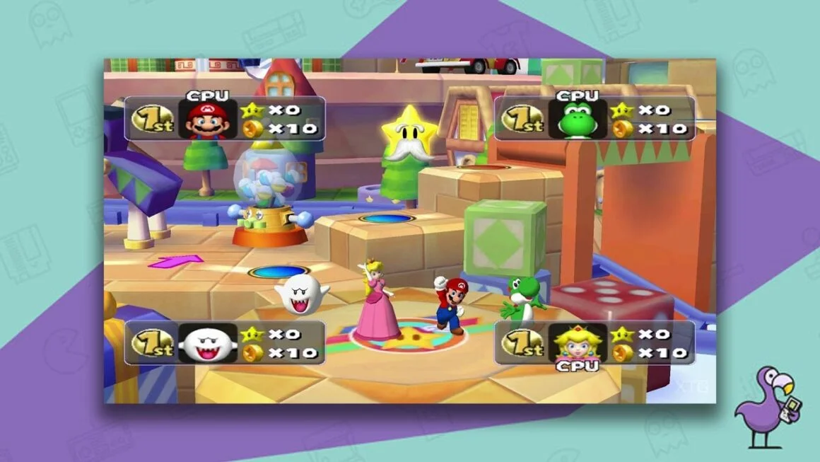 Boo, Peach, Mario and Yoshi ready to start the Mario Party board