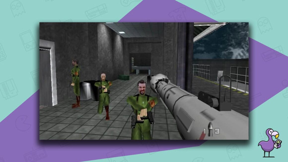 Bond holding a rocket launcher towards three enemies - GoldenEye 007 N64 gameplay