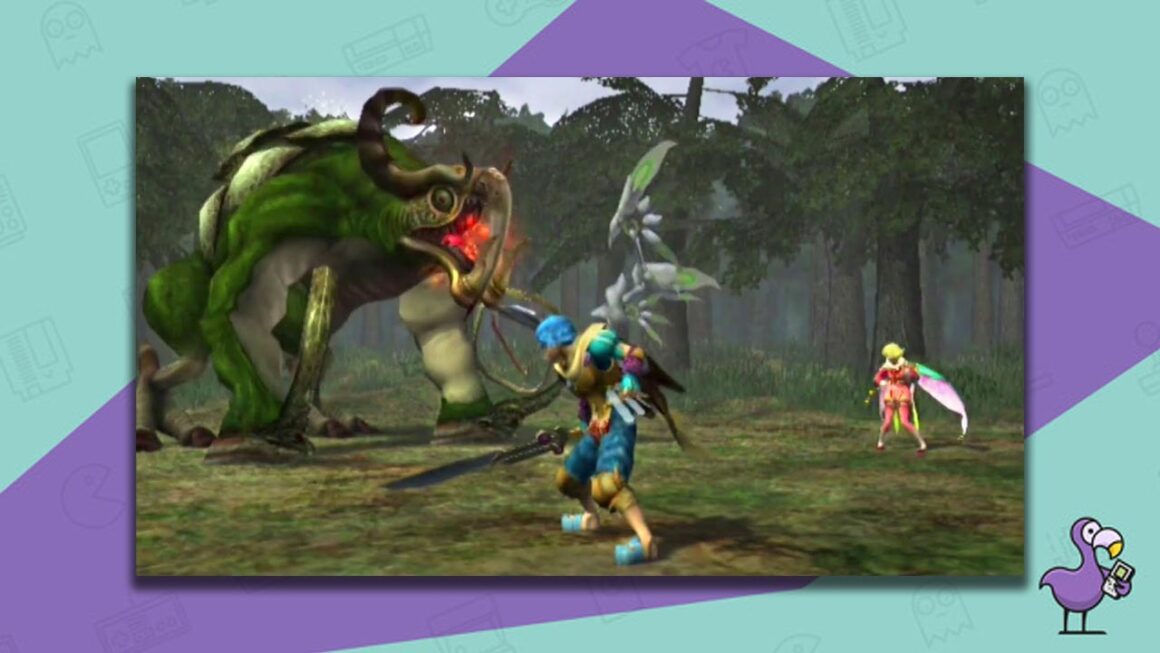 Gameplay shot of Baten Kaitos: Eternal Wings And The Lost Ocean - two characters fighting a large enemy in a forest clearing.