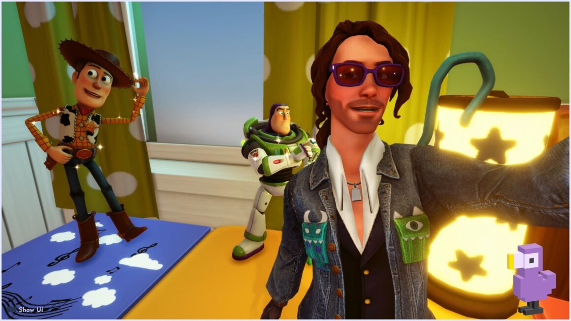 Buzz and Woody pose for a photo with Retro Dodo's Theo Litston in Disney Dreamlight Valley