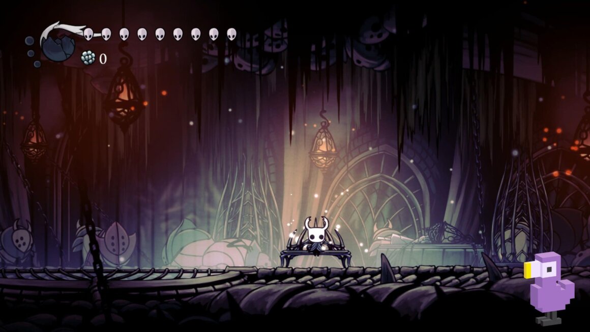 Hollow Knight gameplay, showing Hollow Knight sitting on a bench in Hallownest