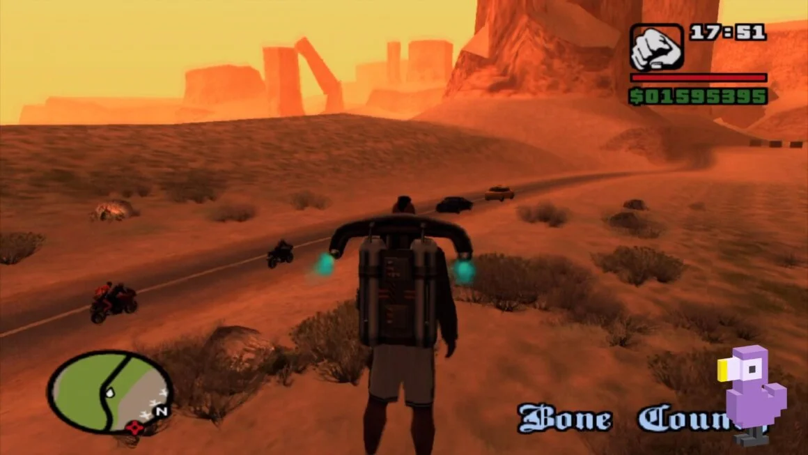 Grand Theft Auto: San Andreas gameplay showing a character using a jetpack
