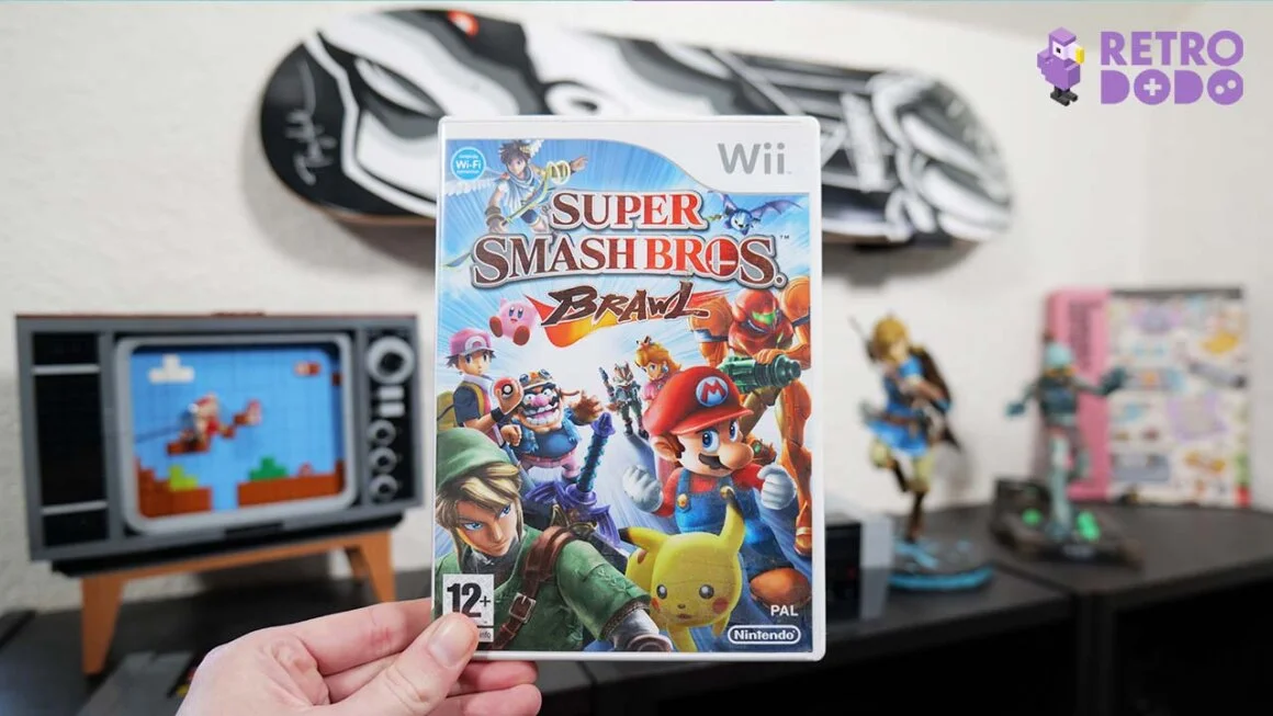 Super Smash Bros Brawl game case held by Rob