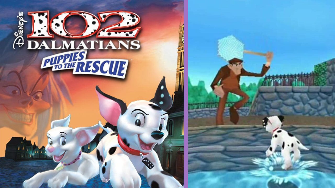 Image of the 102 Dalmations game cover (left) and gameplay (right)