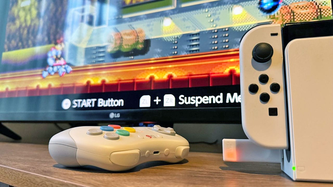 The D6 controller next to the Switch and connected using the USB receiver