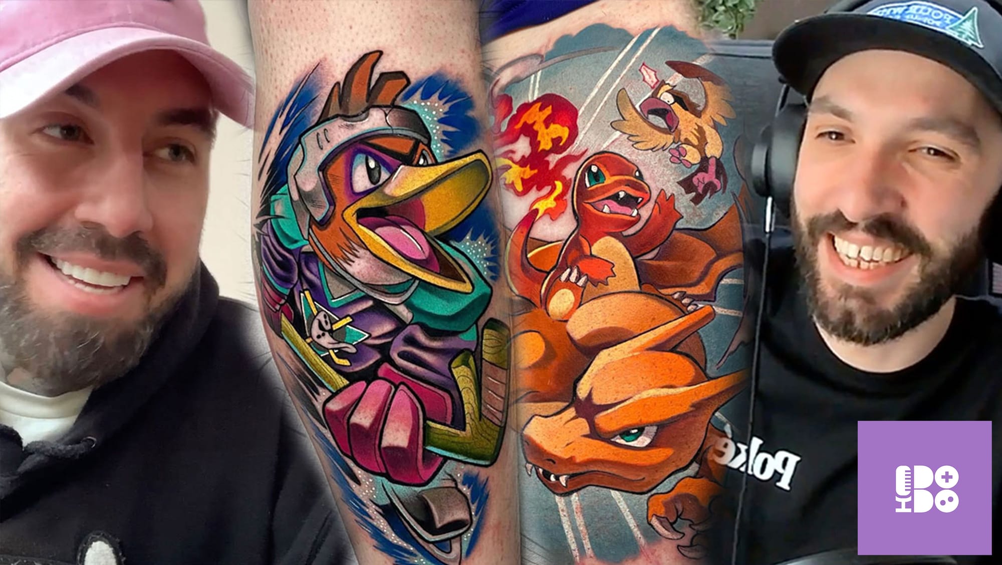 An image opf Seb and Matsy from the Retro Dodo Podcast with two of Matsy's Pokémon tattoos in the middle