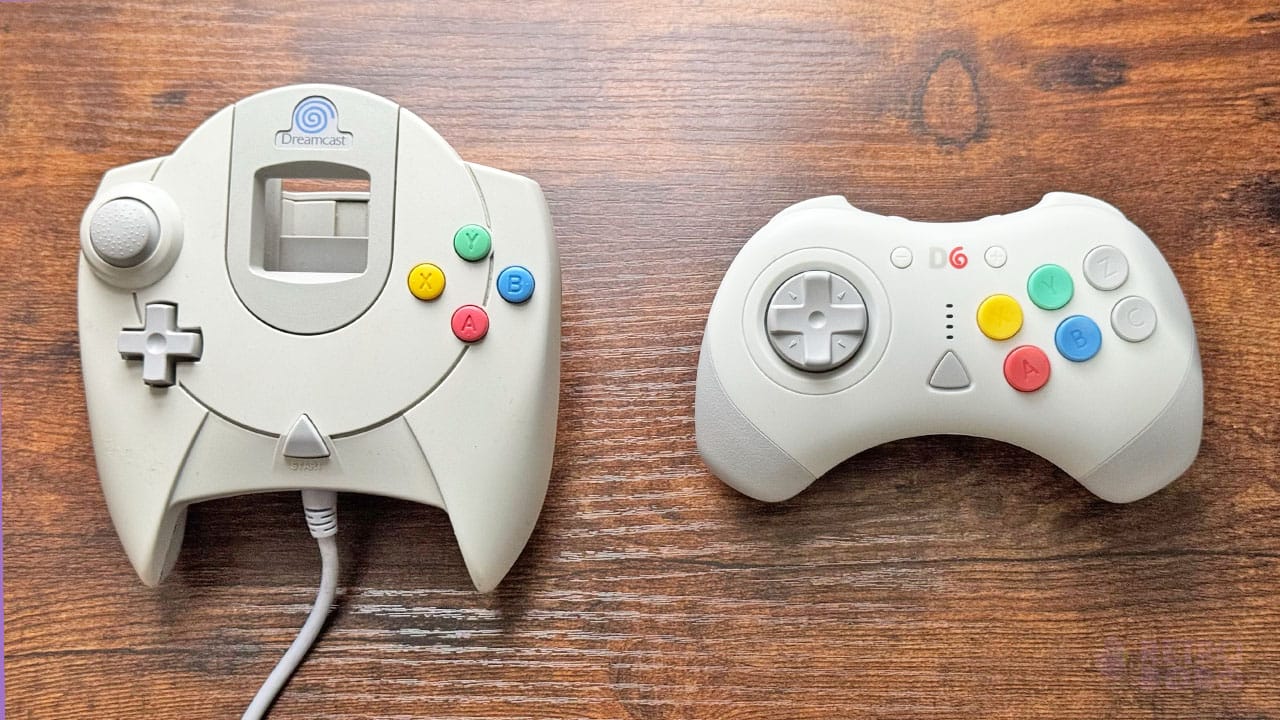 A side-by-side comparison of the original Dreamcast controller and the D6 controller