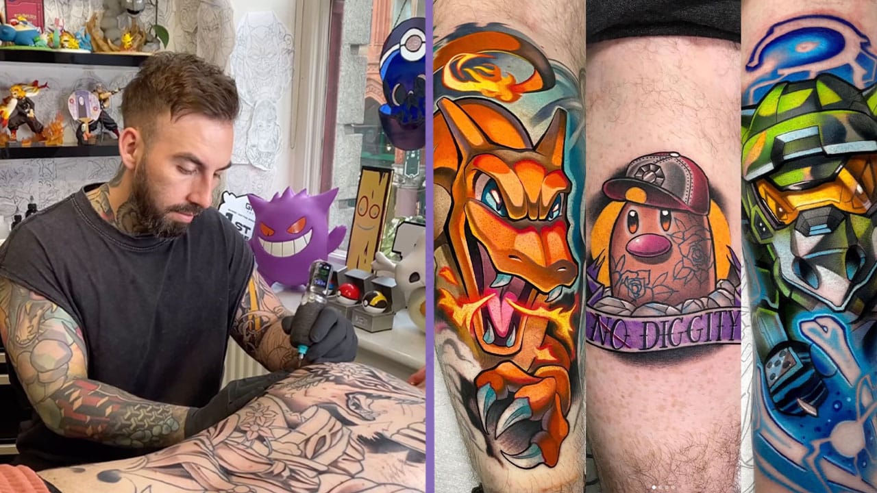 Matsy tattooing (left) and three pieces of his work featuring Pokémon (right). There is a Charizard, a Diglet, and a Cubone in the outfit of the Master Chief