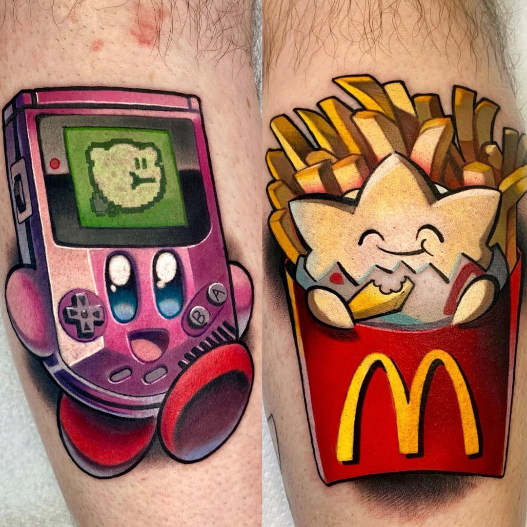 An image of a Pink Game Boy that looks like Kirby (left) and Togepi eating chips (right)