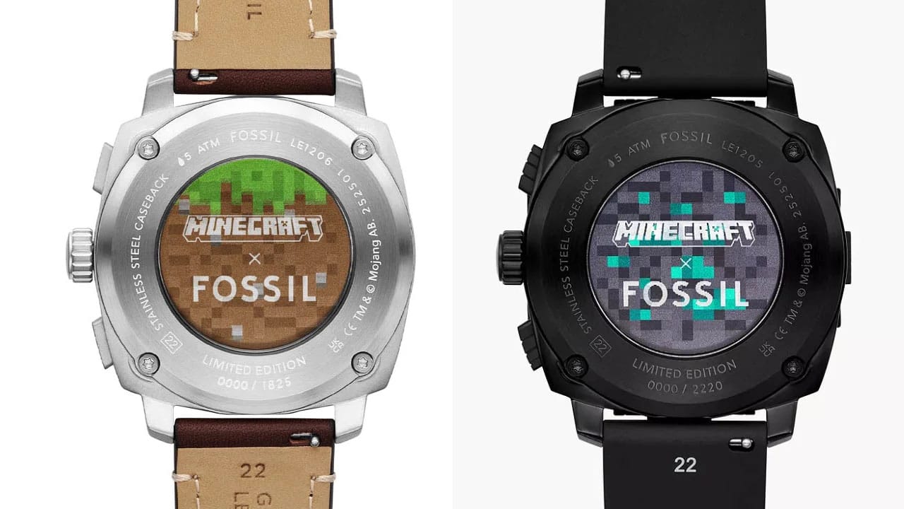 The backs of the Minecraft Fossil watches