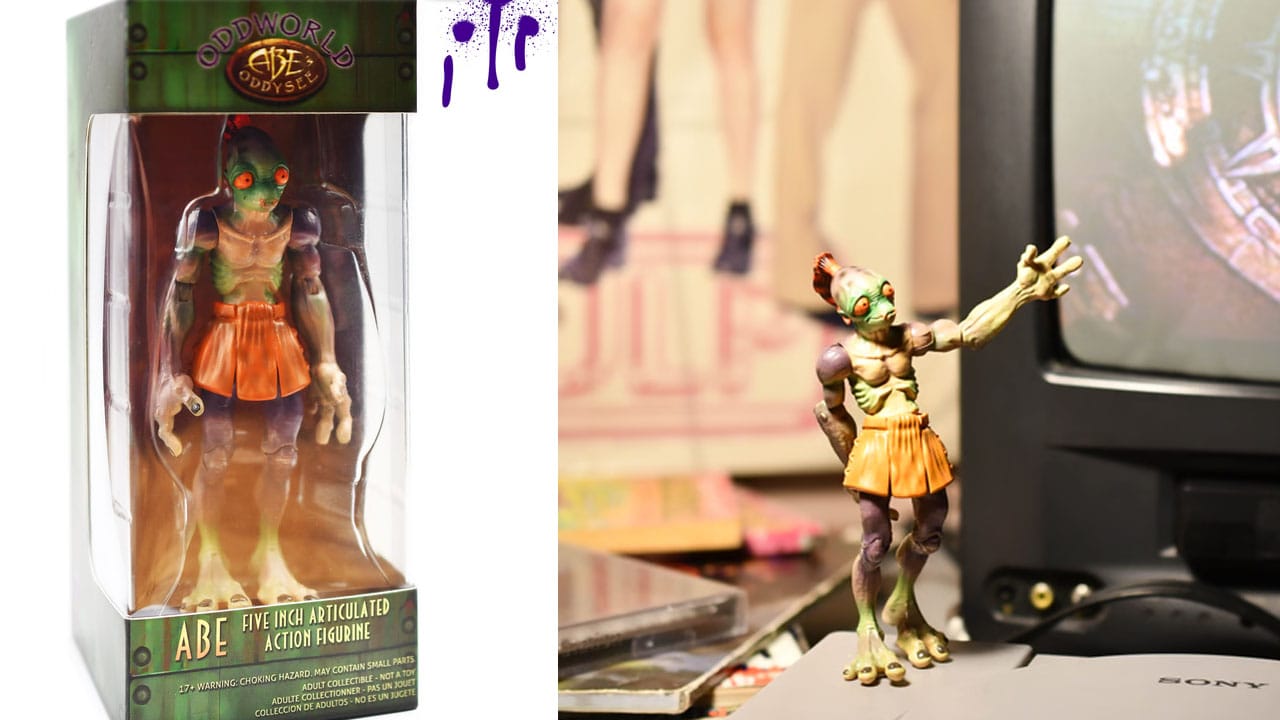 Abe figurine in its packaging (left) and next to a TV (right)