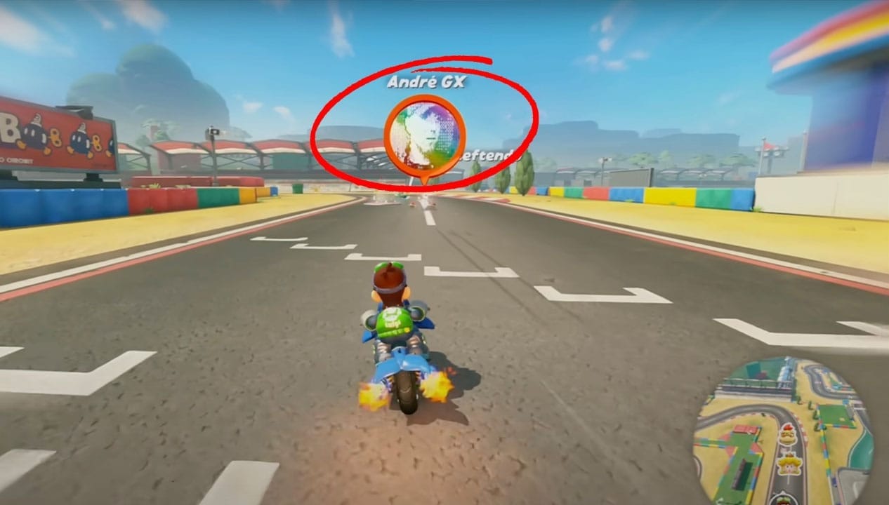 A circle above a Mario Kart character with an image taken via the Game Boy camera