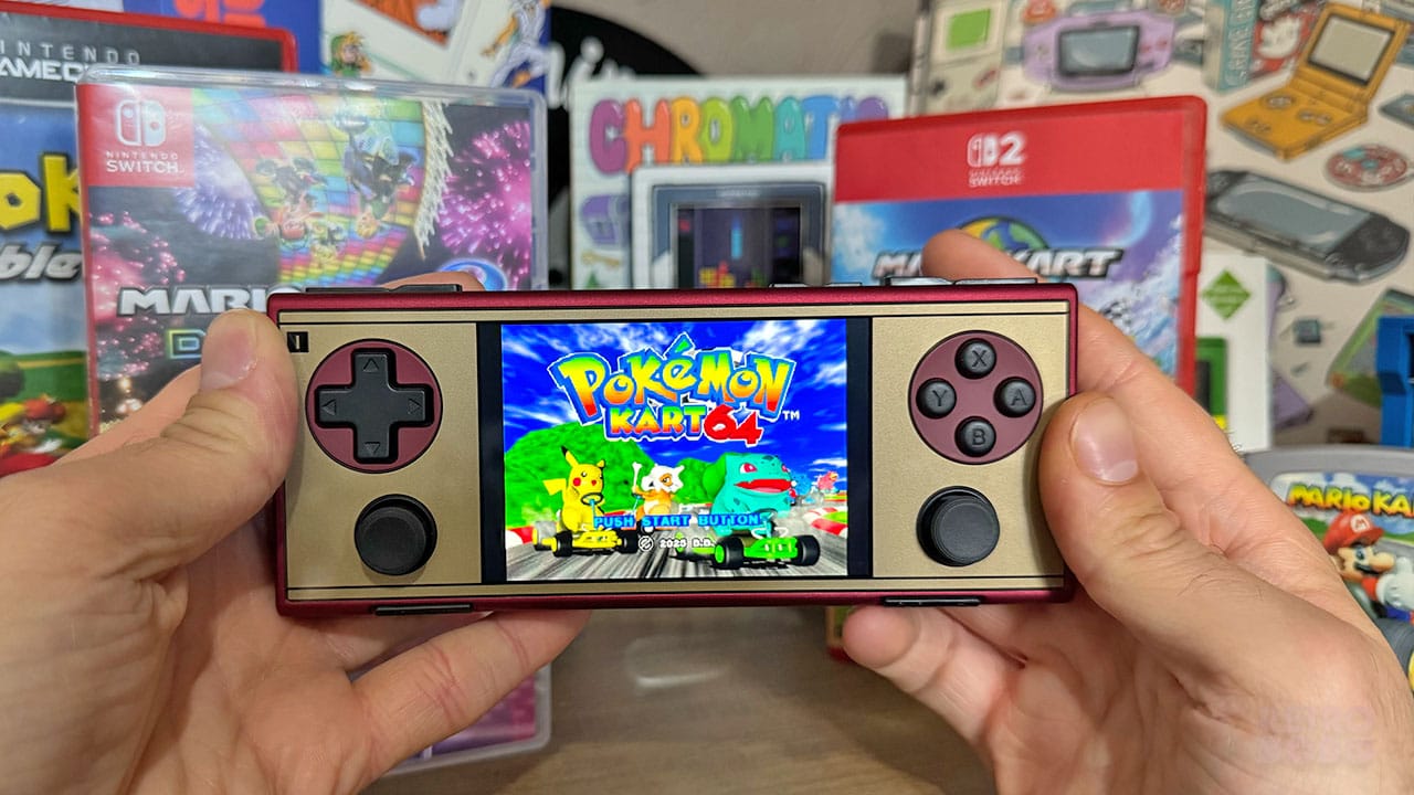 The AYANEO Pocket Classic with Pokem characters in karts on the screen