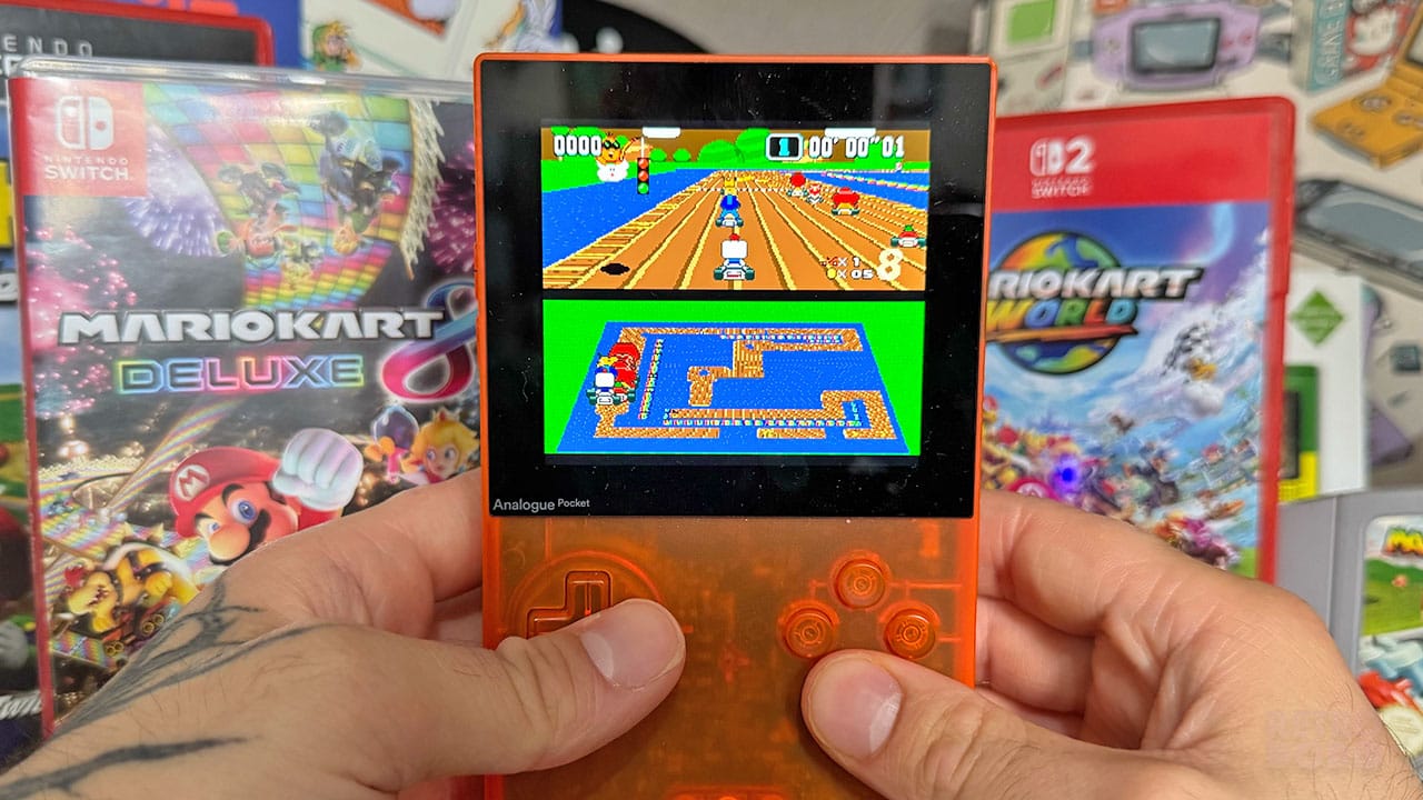 Retro Nintendo Characters on a racing level on the Analogue Pocket