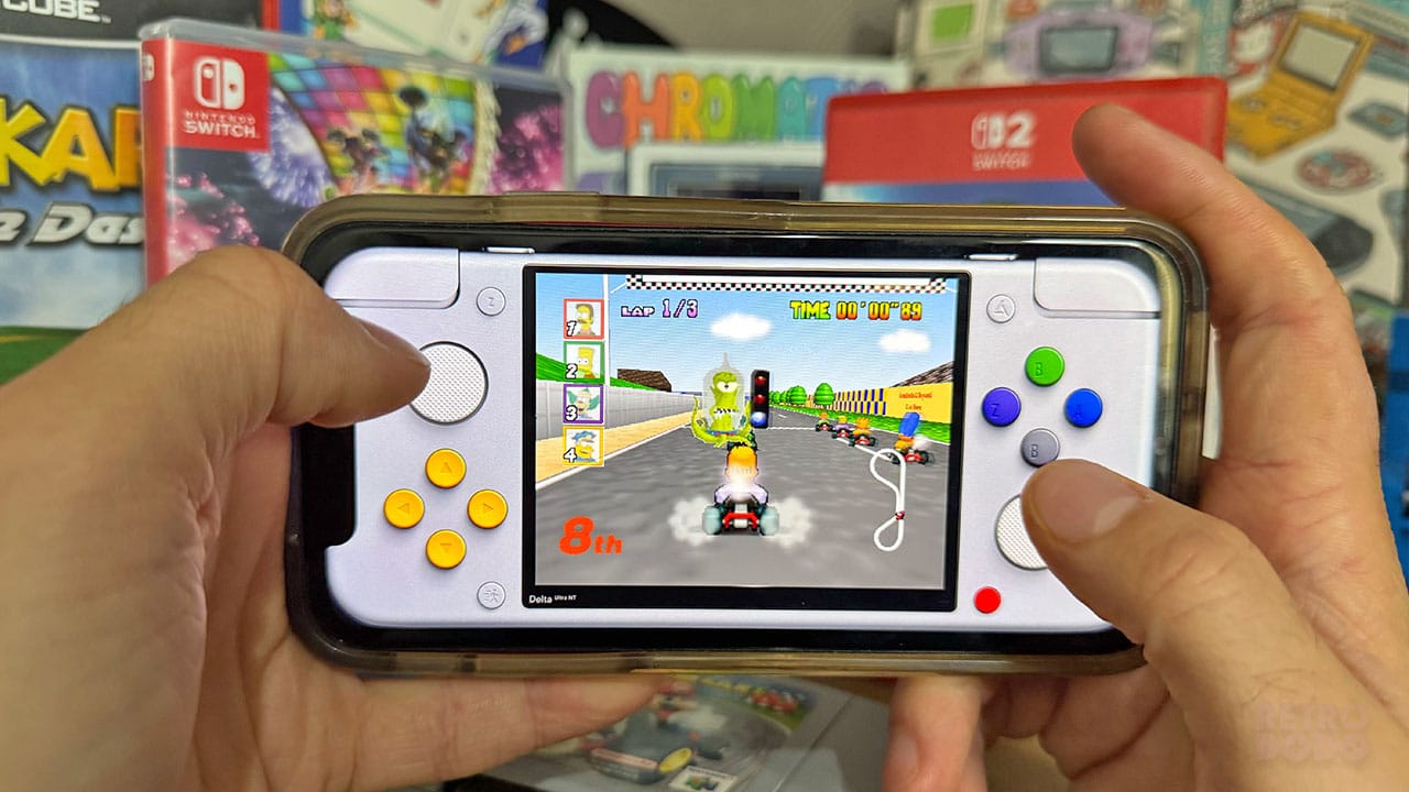 Homer and Simpsons characters on a racetrack on a game emulator