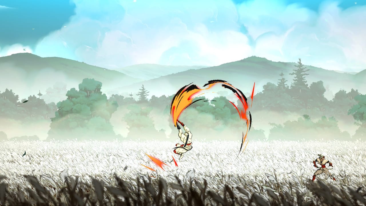 Joe swinging his sword in a cornfield