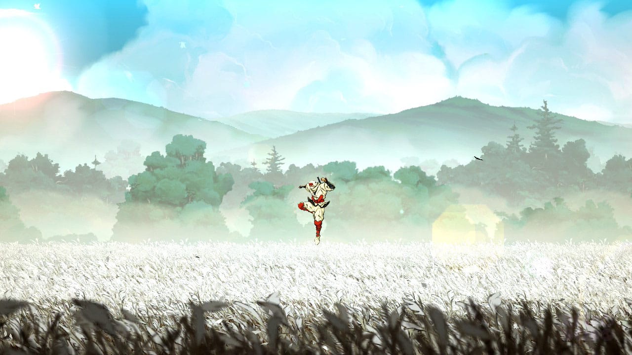Joe Musashi jumping in a field