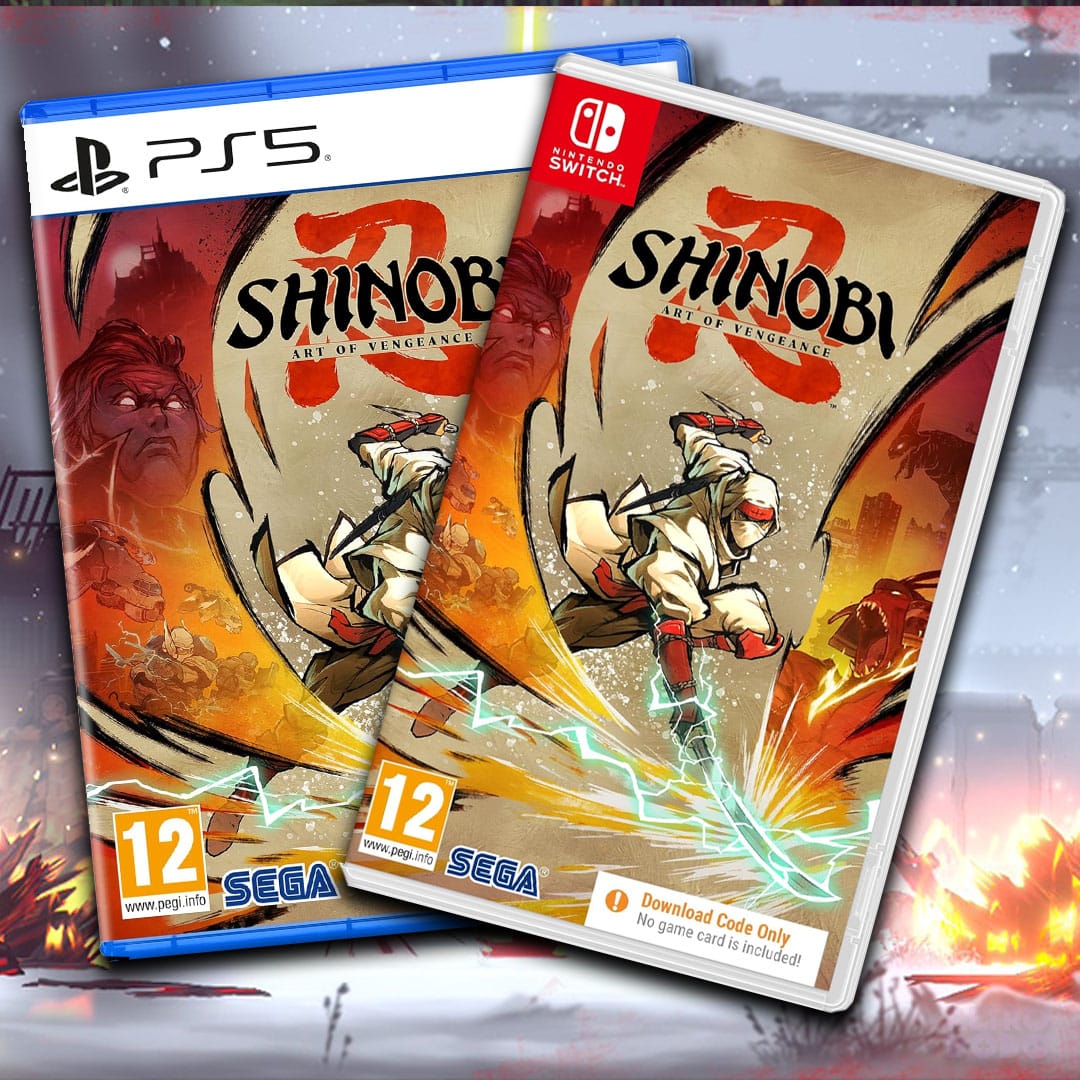 Game cases for PS5 and Switch versions of SHINOBI: Art of Vengeance