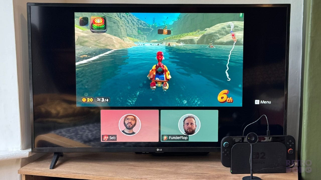 Brandon and Seb playing Mario Kart World using the Switch 2 camera