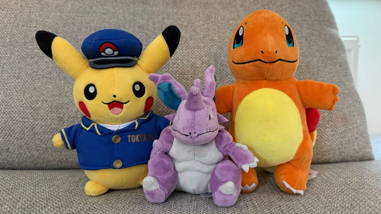 Soft toys of Pikachu, Nidoking, and Charmander