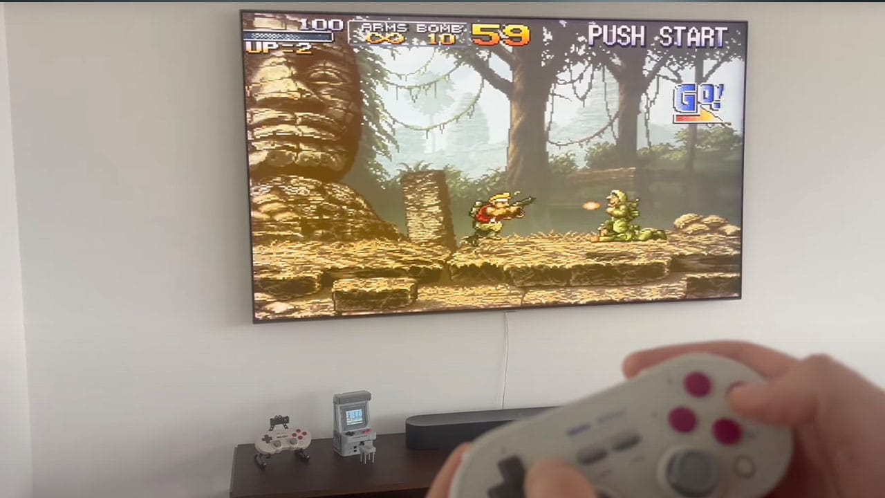 BrickBoy Arcade Edition hooked up to a TV via HDMI