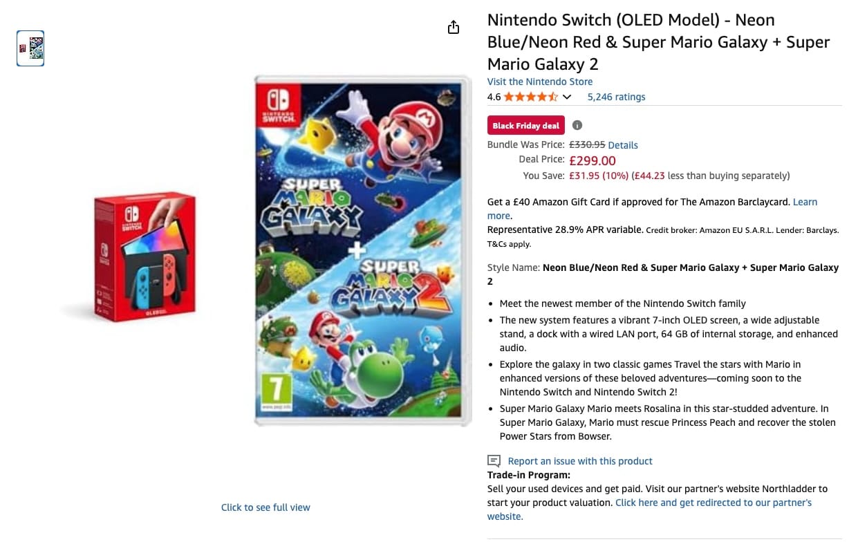 Screenshot from Amazon of a Black Friday Deal on the OLED Switch