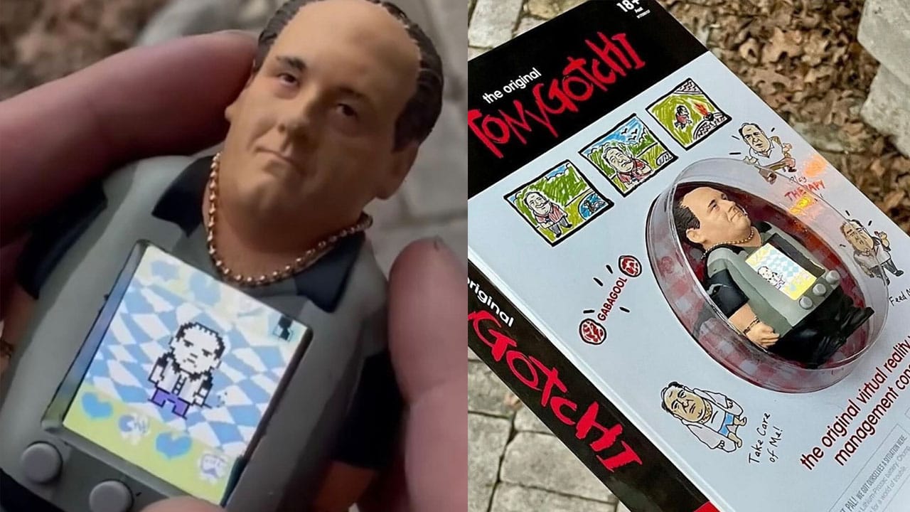 Close up of the face of the Tonygotchi (left) and the box (right)