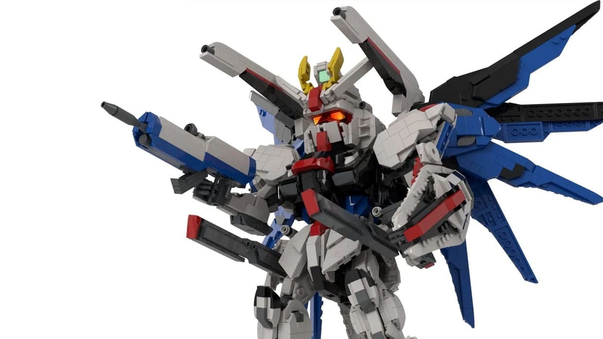 Close up of the LEGO Freedom Gundam set