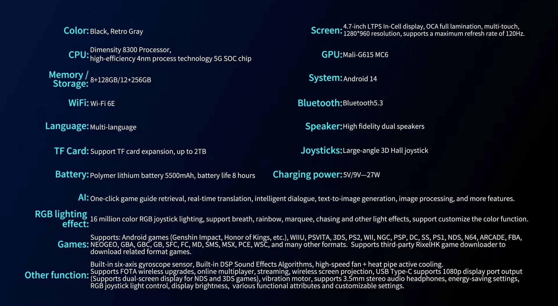 A list of specifications for the ANBERNIC RG447 handheld console