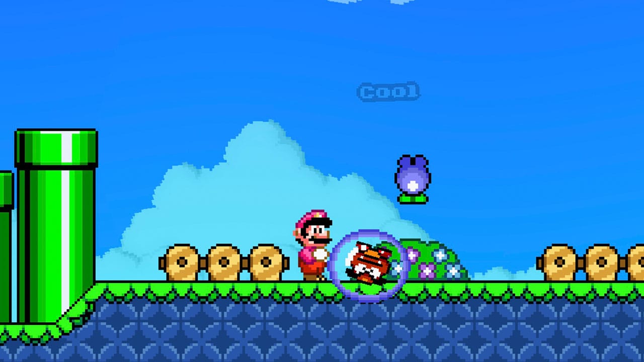 Bubble Mario putting a Goomba in a bubble