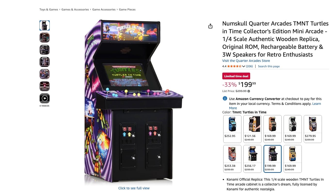 Amazon listing for a TMNT Quarter Arcades cabinet