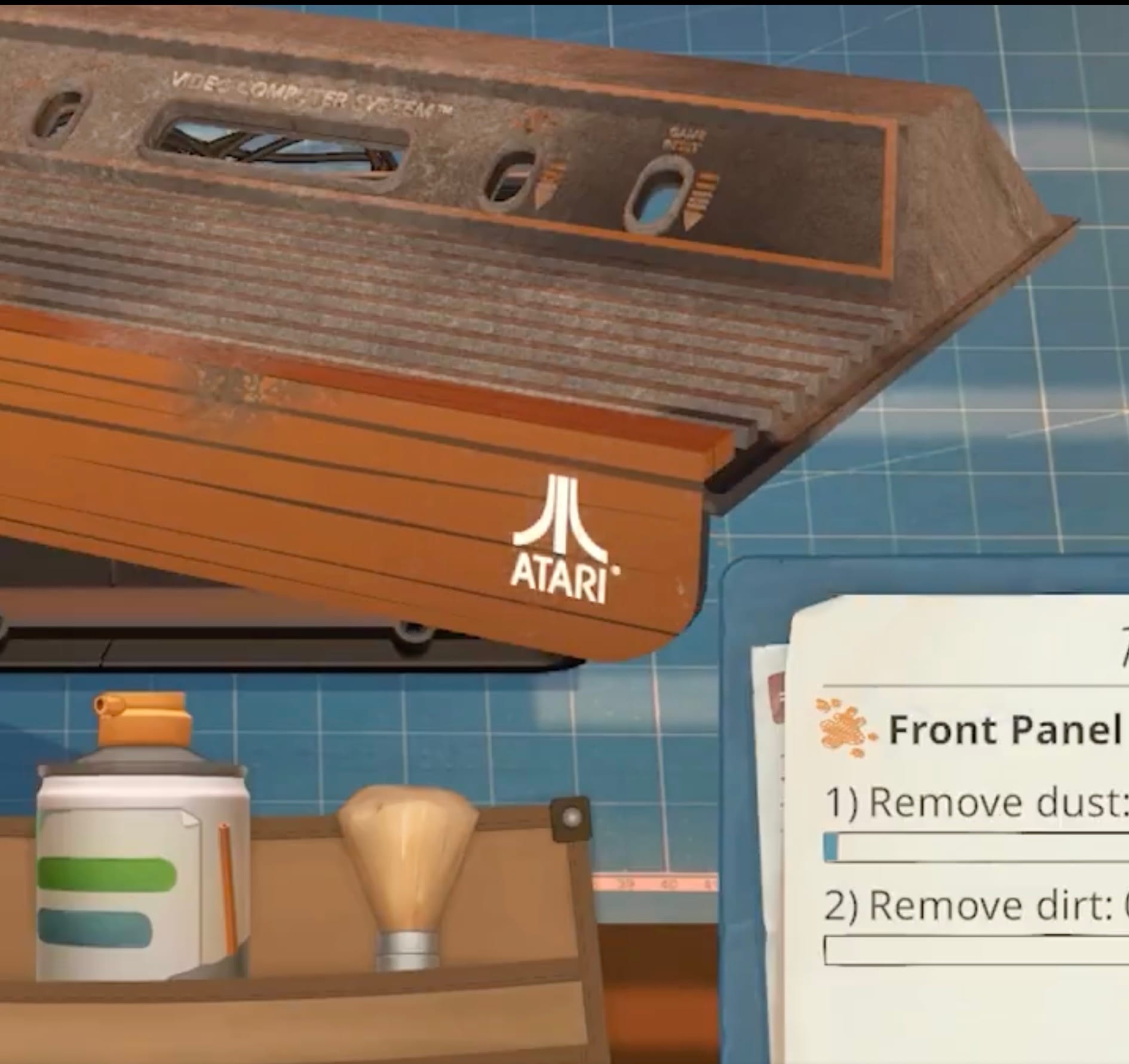 Cleaning the front panel of an Atari 2600 in a game