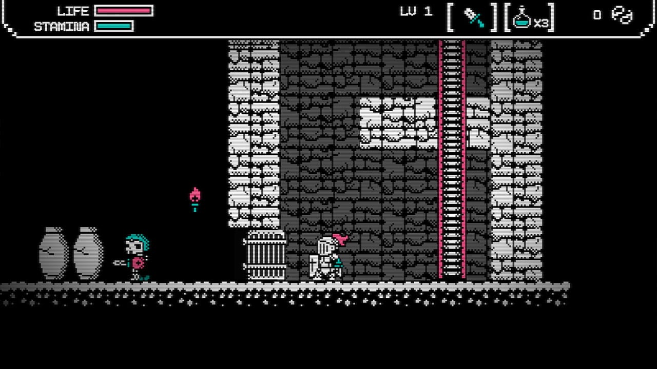 A retro-sprite knight about to go through an open gate