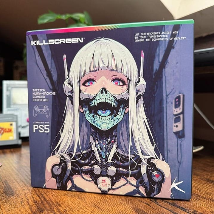 The packaging for the Killscreen PSOne-themed PS5 controller