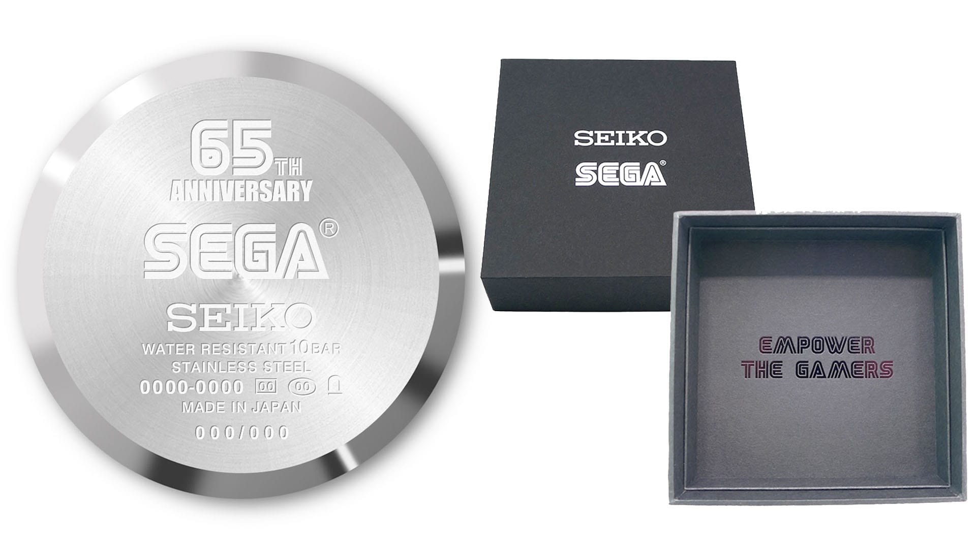 The back of the Sega Seiko collaborative watch (left) and inside the box (right)