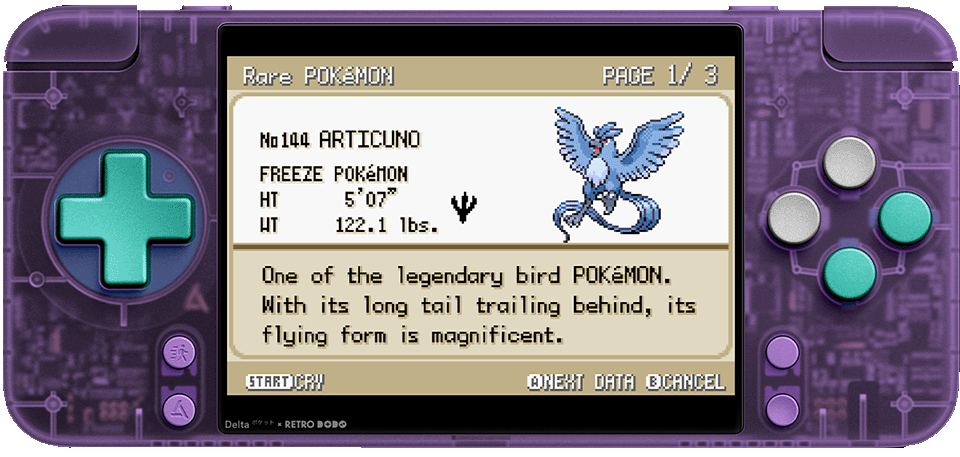 Articuno Pokédex entry on the Retro Dodo Delta Skin
