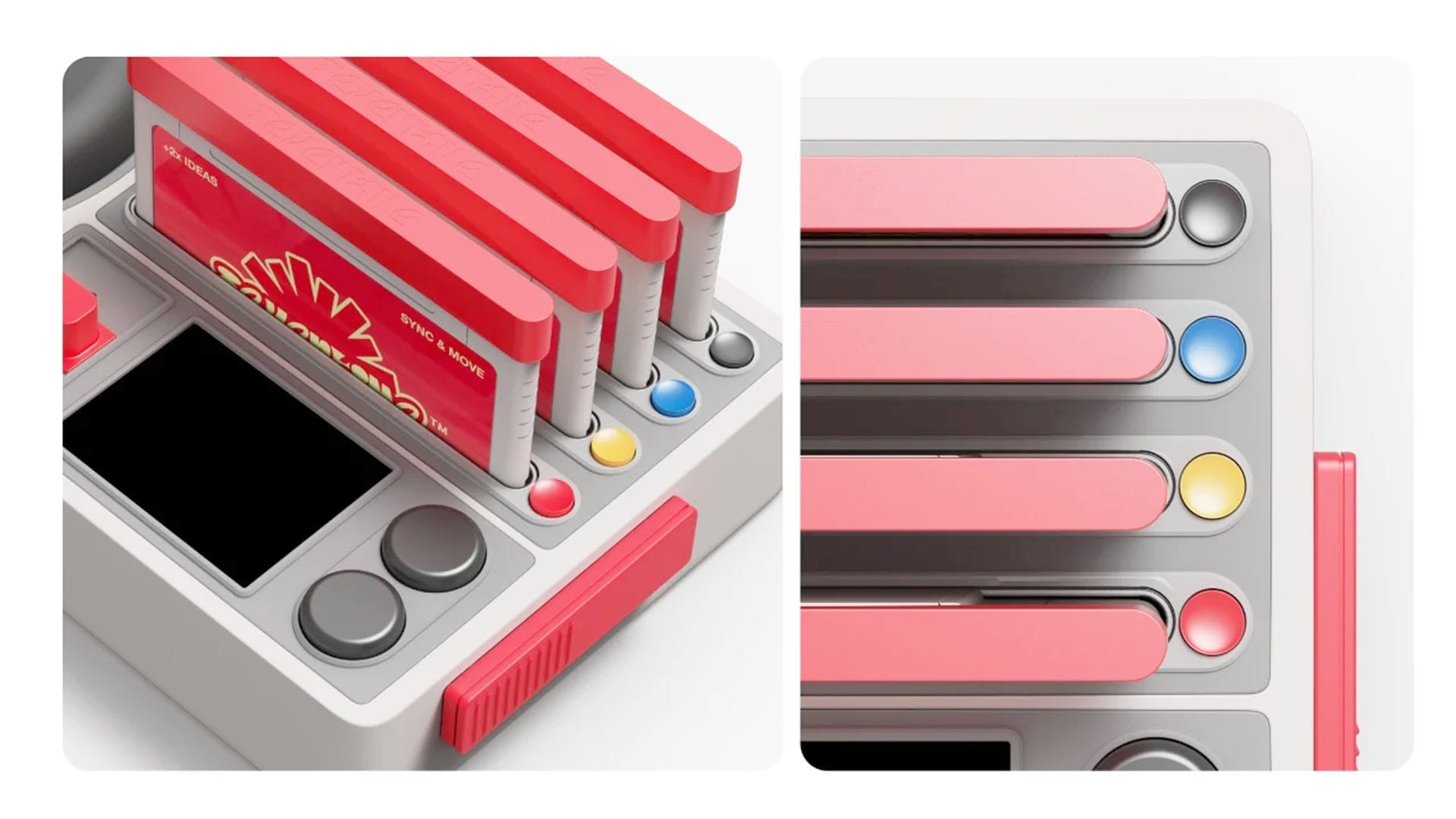 Close up pictures of the Fevertime video conference system buttons and cartridges