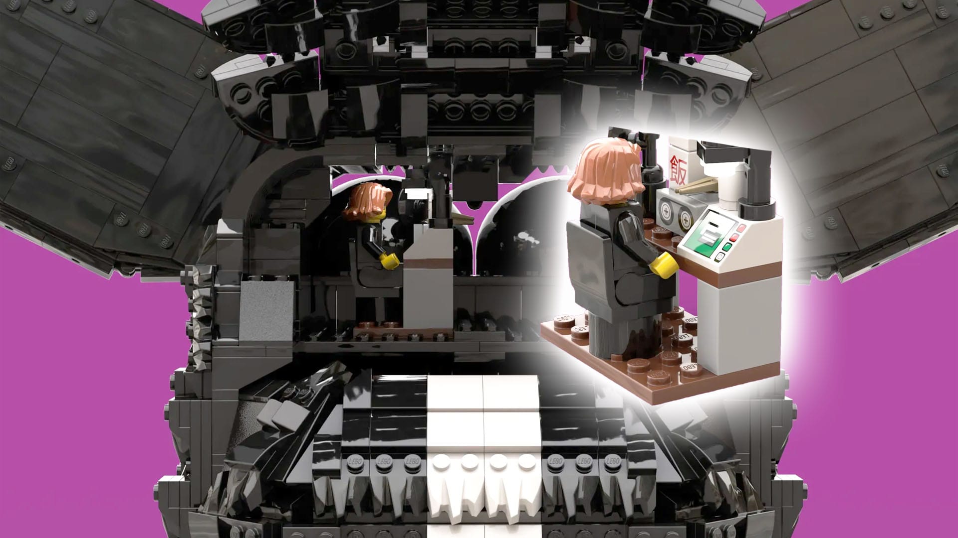 Close up of the agent sitting at a desk inside the Furby's head