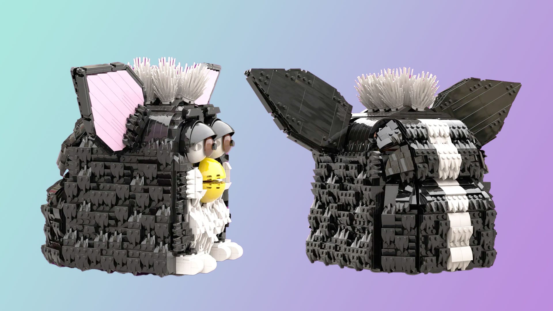 Side and rear profiles of the Furby LEGO Ideas set