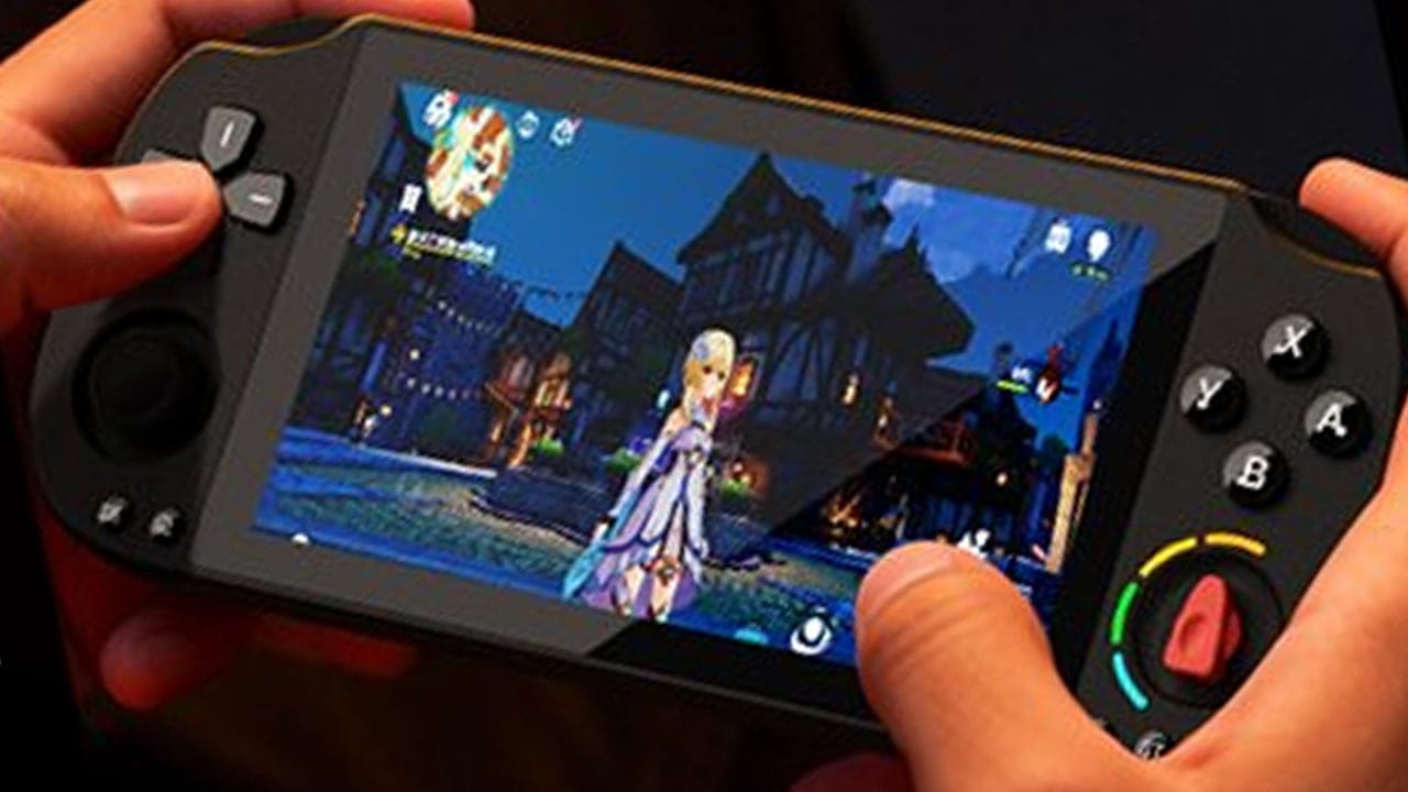 A gamer playing the Pocket Super Knob 5000 Android handheld