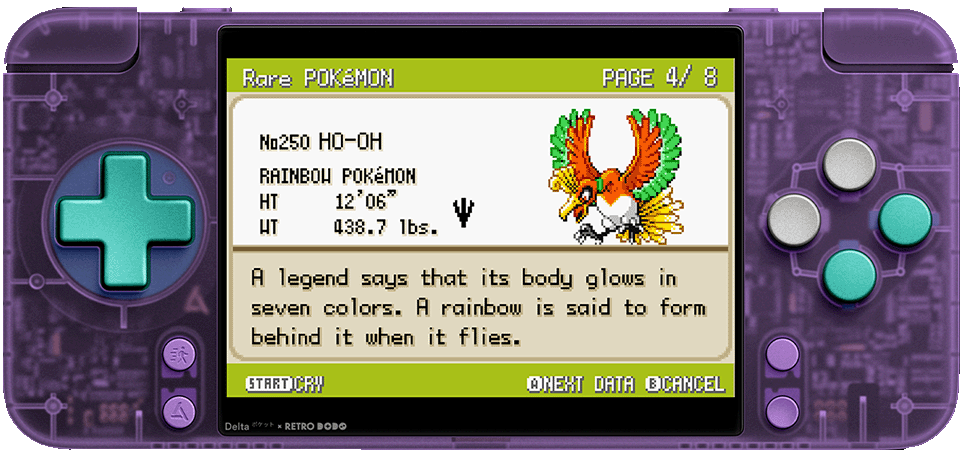 Pokédex entry for Ho-Oh on the Delta skin made by Retro Dodo