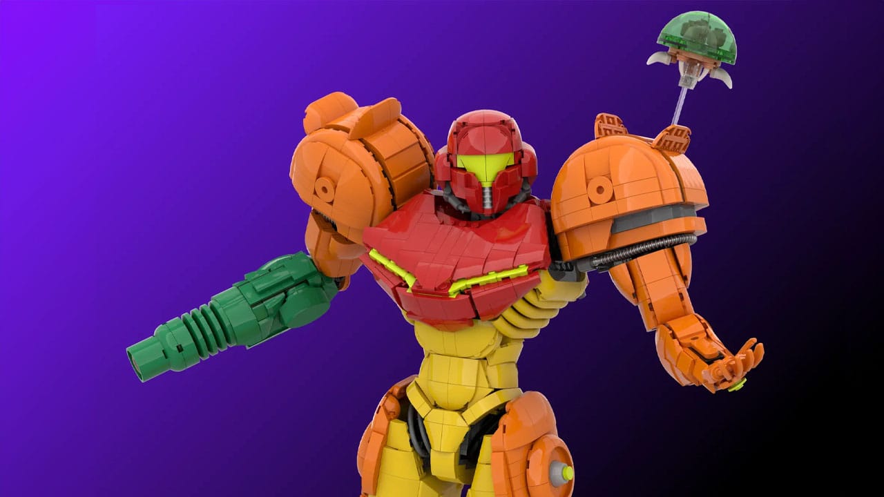 Samus Aran LEGO figurine with Metroid floating above her
