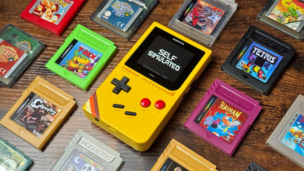 Self Simulated on a Yellow ModRetro Chromatic surrounded by cartridges