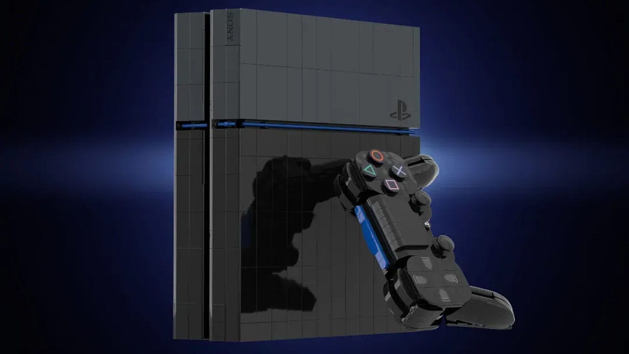 LEGO PS4 standing upright with a controller leaning against it