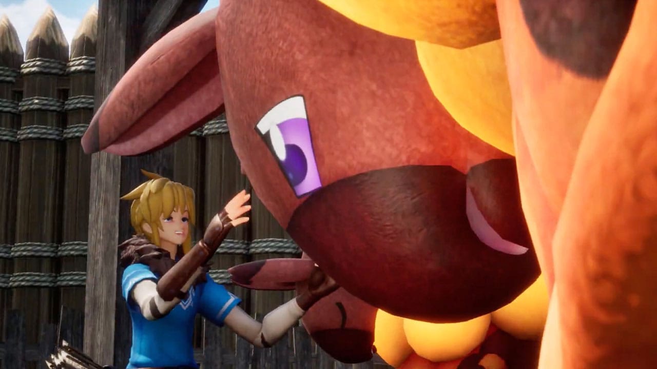 A character that looks like Link stroking a Pokemon-like character