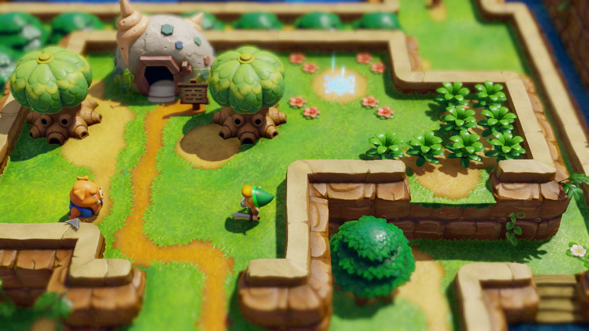 Gameplay from Link's Awakening showing Link standing outside of the Seashell House