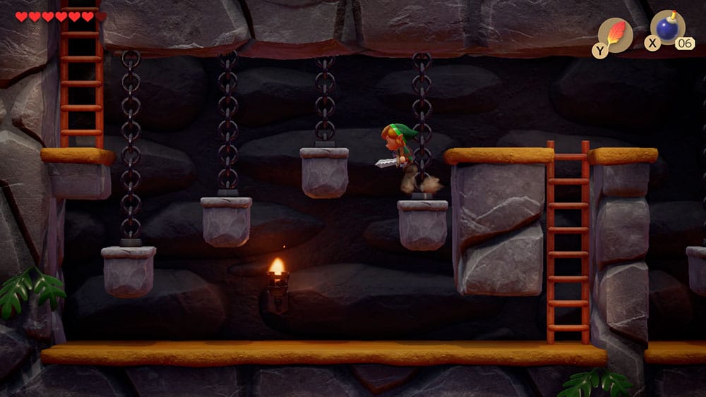 The Legend of Zelda Link's Awakening gameplay - sample pic of the dungeon side view with Link jumping across stones held by chains